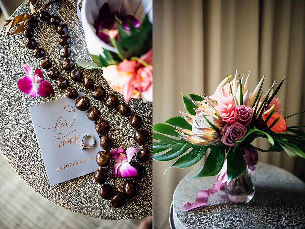 photos of the bride's vows booklet, ring and bouquet at Fairmont Orchid