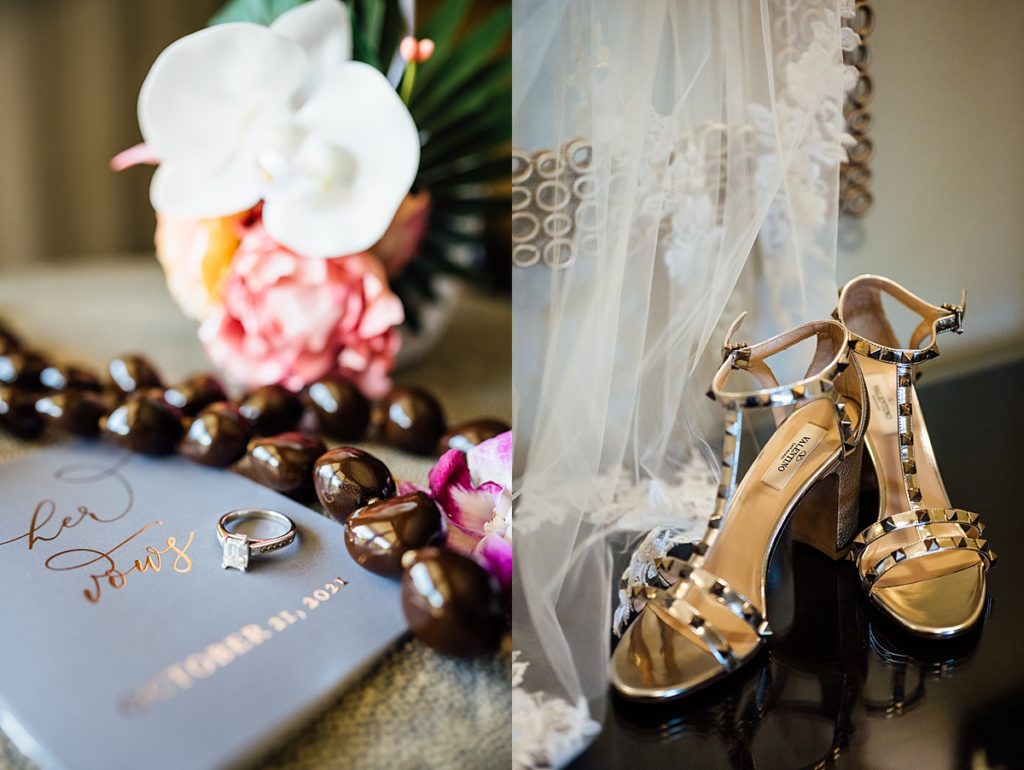 bride's vows booklet, ring, and shoes at Fairmont Orchid