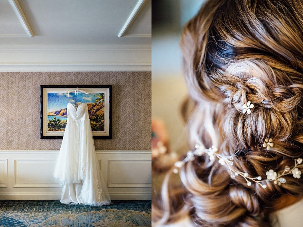 bridal gown and hair accessory during Hawaii wedding