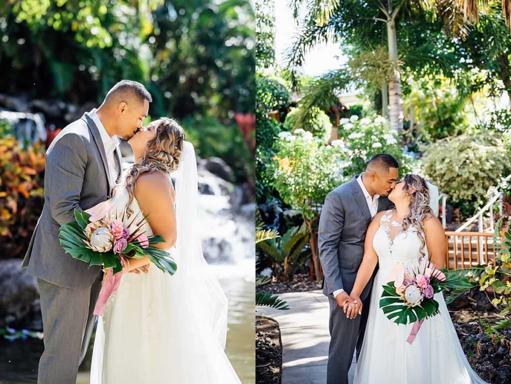 groom kissing at Fairmont Orchid during their Big Island Wedding