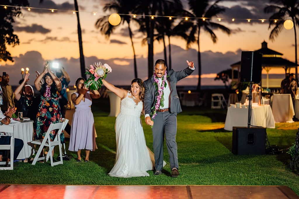 happy couple during their Hawaii wedding reception