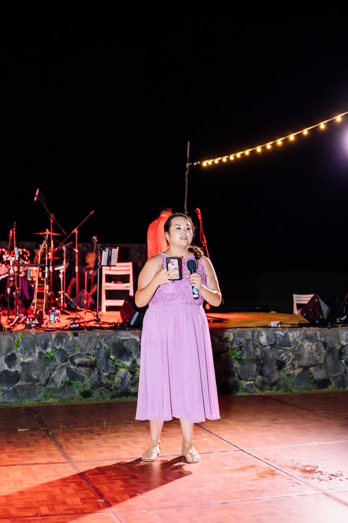 bridesmaid giving her speech during a wedding reception at Fairmont Orchid