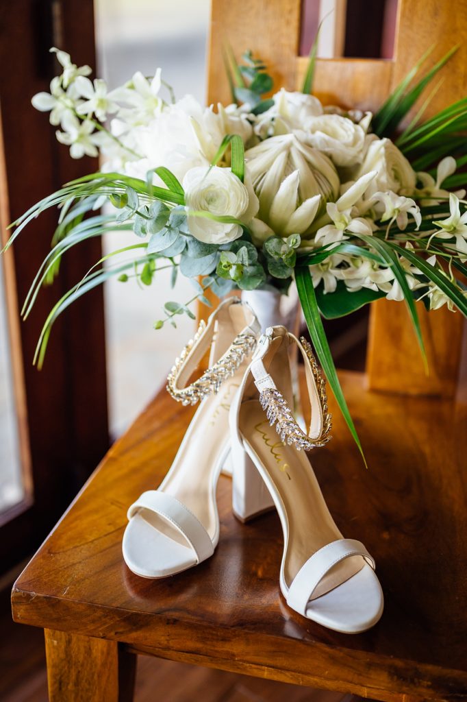 bridal bouquet and shoes during a wedding on Big Island