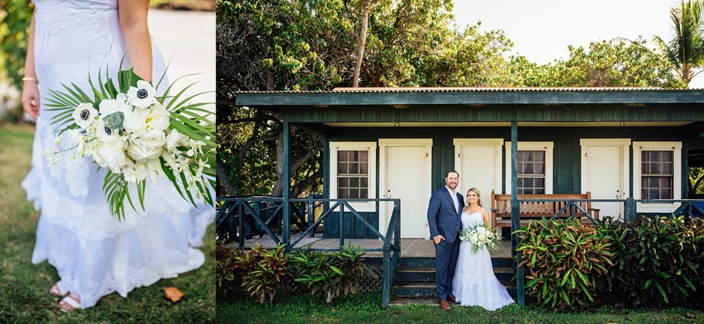 photos of the couple and the bride's bouquet during their Mauna Lani wedding