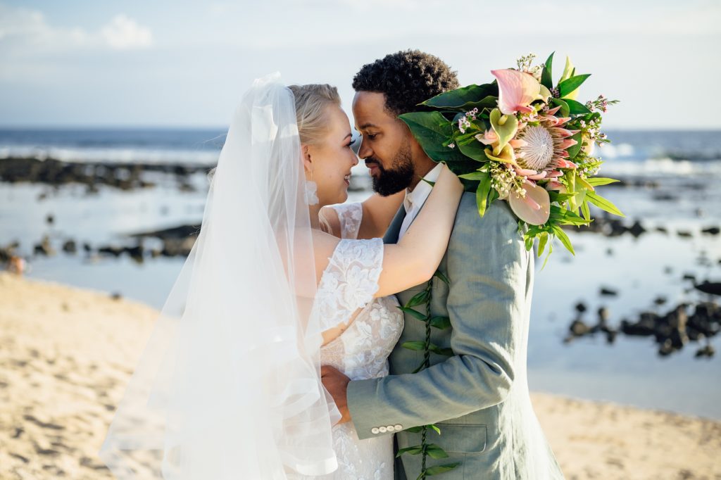 sweet photo of the newlyweds by wedding photographer in Hawaii