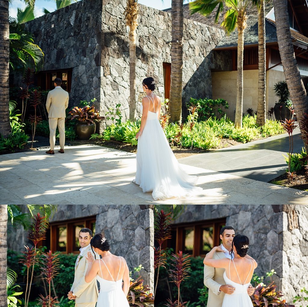 bride and groom's first look during their Big Island Wedding