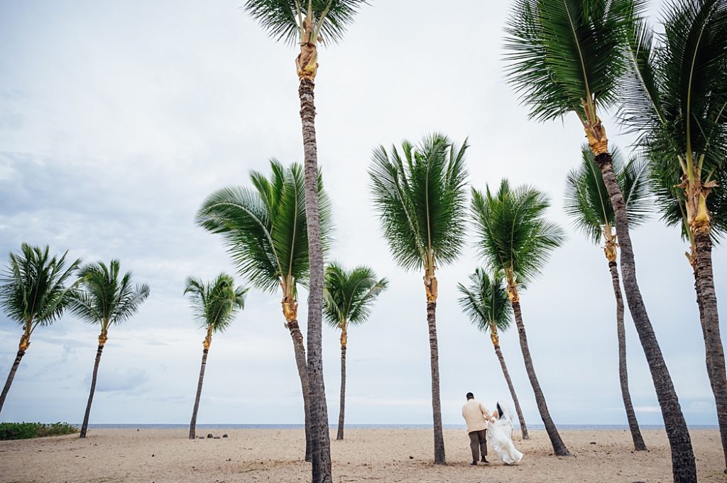 newlyweds under the palm trees at Big Island beach 