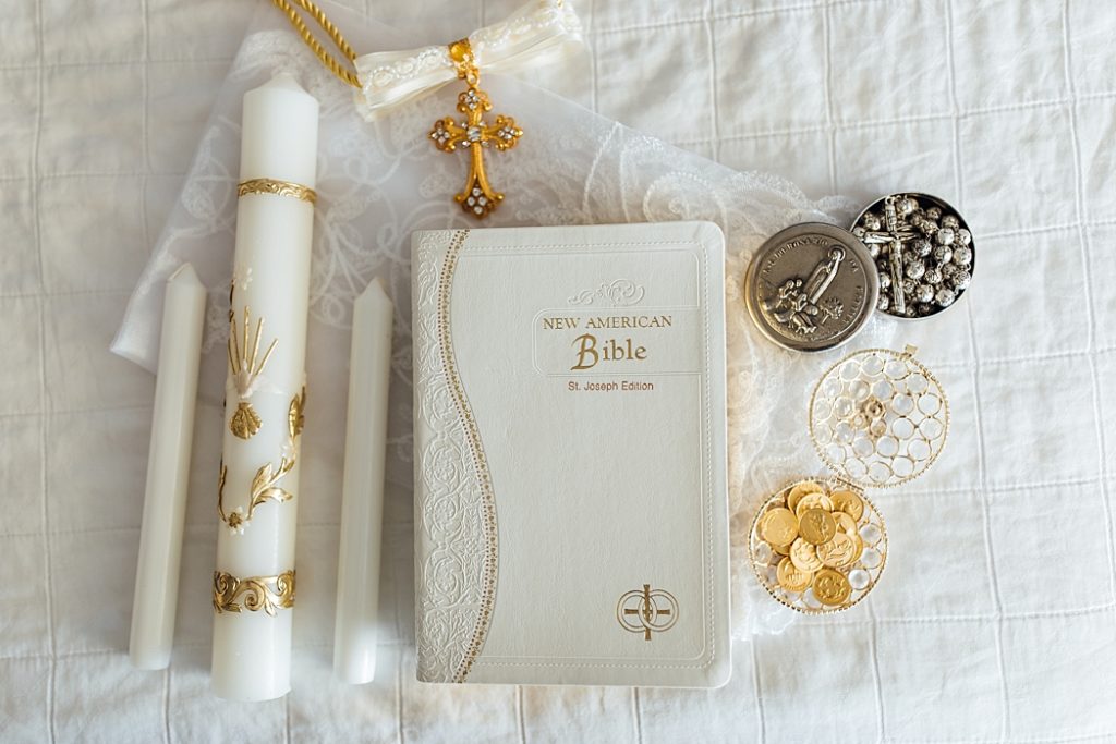 Holy Bible, rosary, candles, coins, cord, and veil 