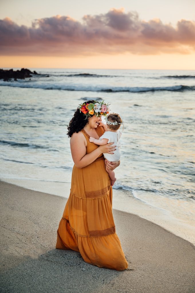 happy photo of mom and baby at Hawaii beach