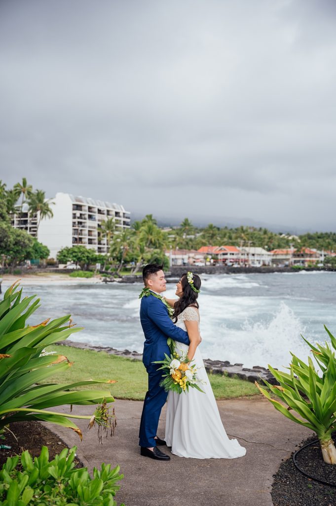 couple looking adoringly at each other at Hawaii beach