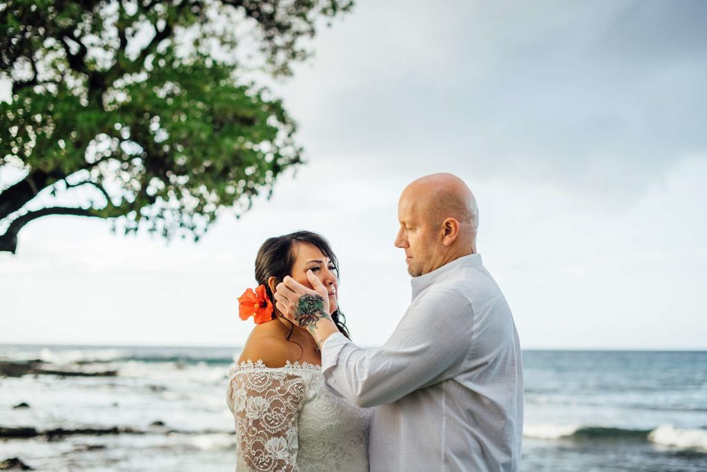 emotional bride during their Hawaii wedding ceremony