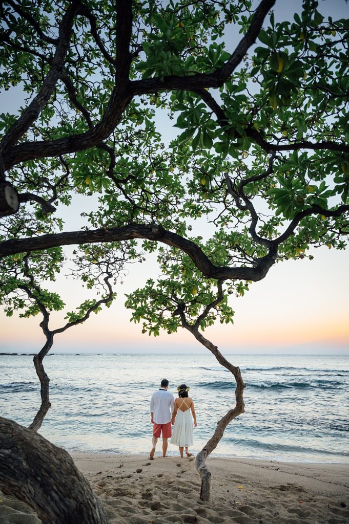 engagement photo of the couple walking toward the sea