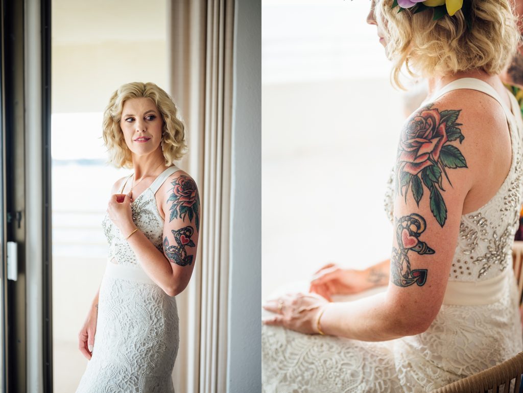 stunning bride and her beautiful arm tattoos at Royal Kona
