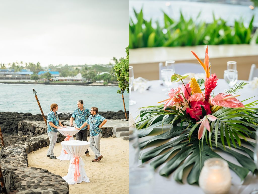 guests and florals during a wedding in Kona