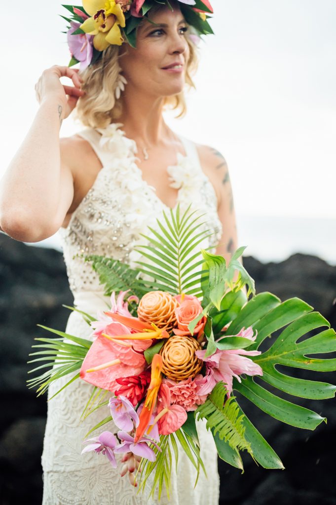 beautiful bride and bouquet during her wedding in Kona