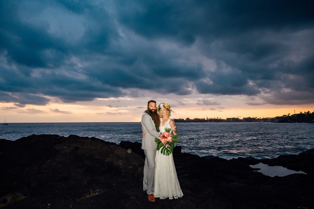 bride and groom during sunset in Kona Resort