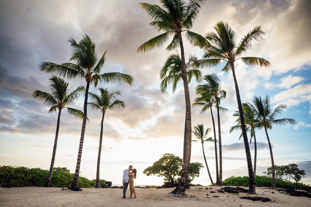 engagement photo of a couple kissing under coconut trees