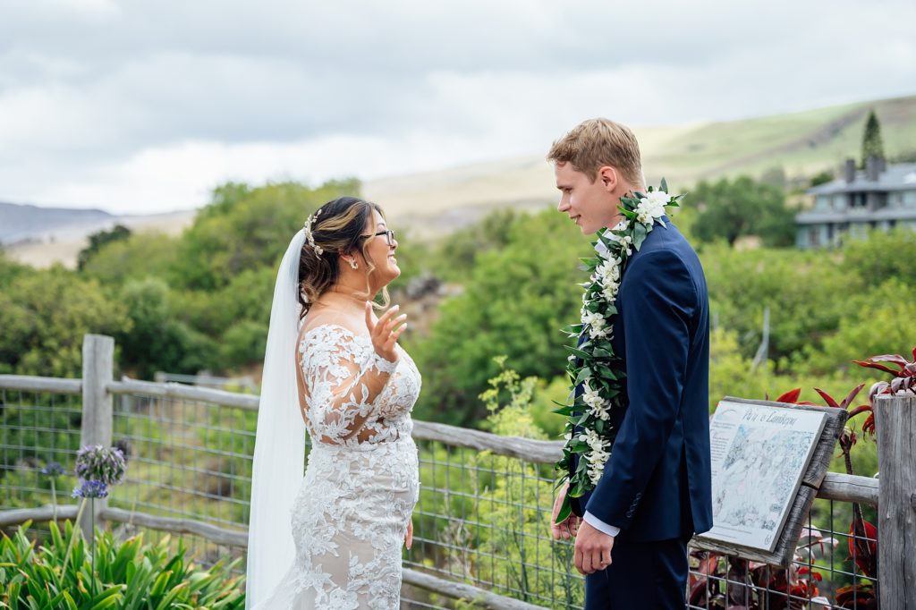 first look of the bride and groom during their Hawaii wedding