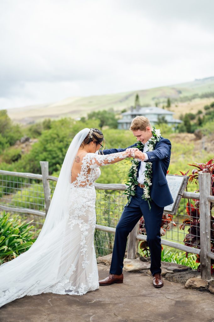 bride and groom's first look during their Hawaii wedding