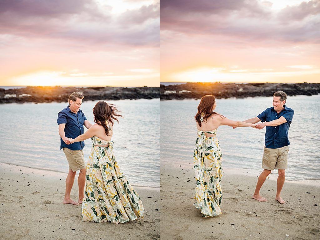 couple dancing at a beach during sunset in Kona, Hawaii