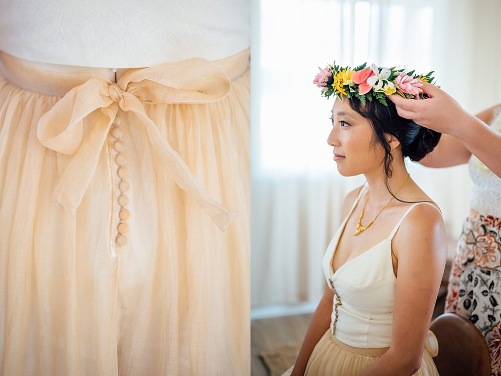 bridal dress and floral crown details in Kona
