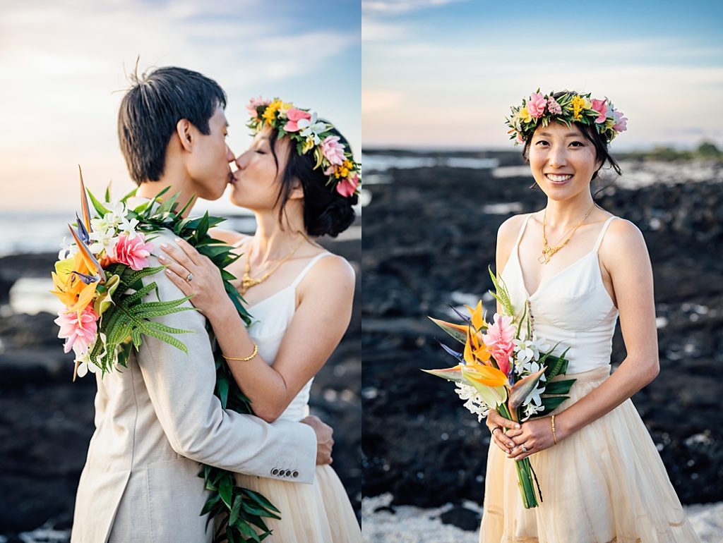 beautiful bride kisses the groom at a beach in Kona