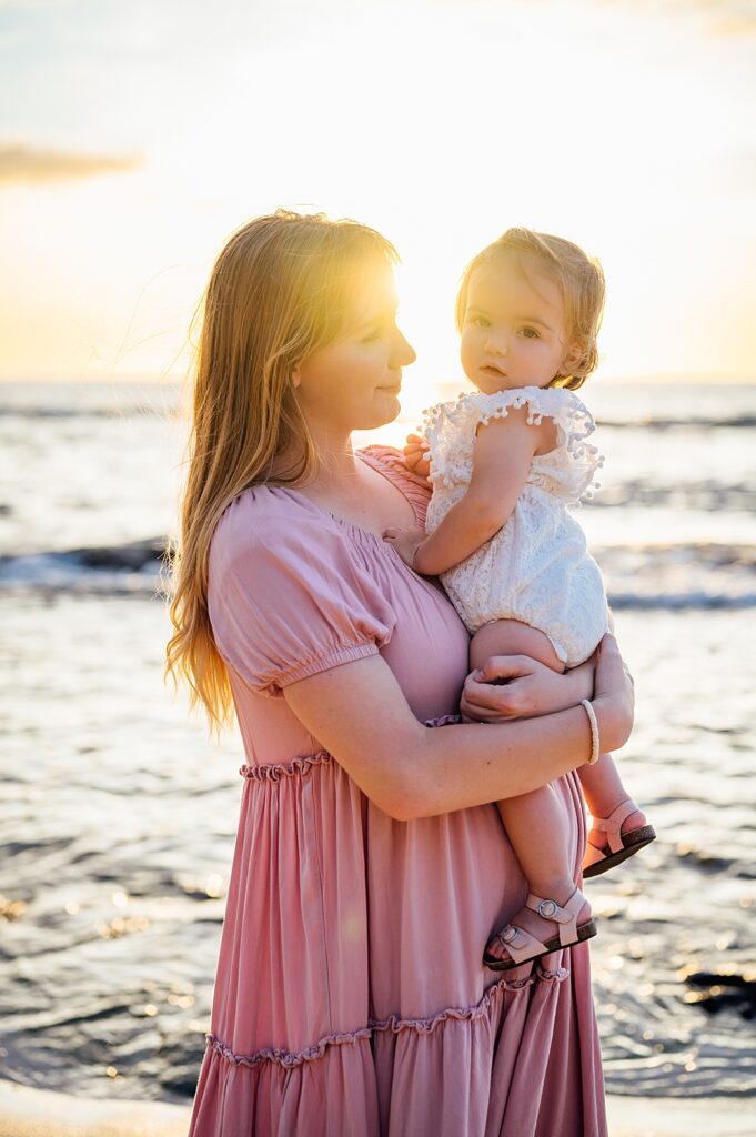 mom-daughter sunset photo by Big Island beach photographer